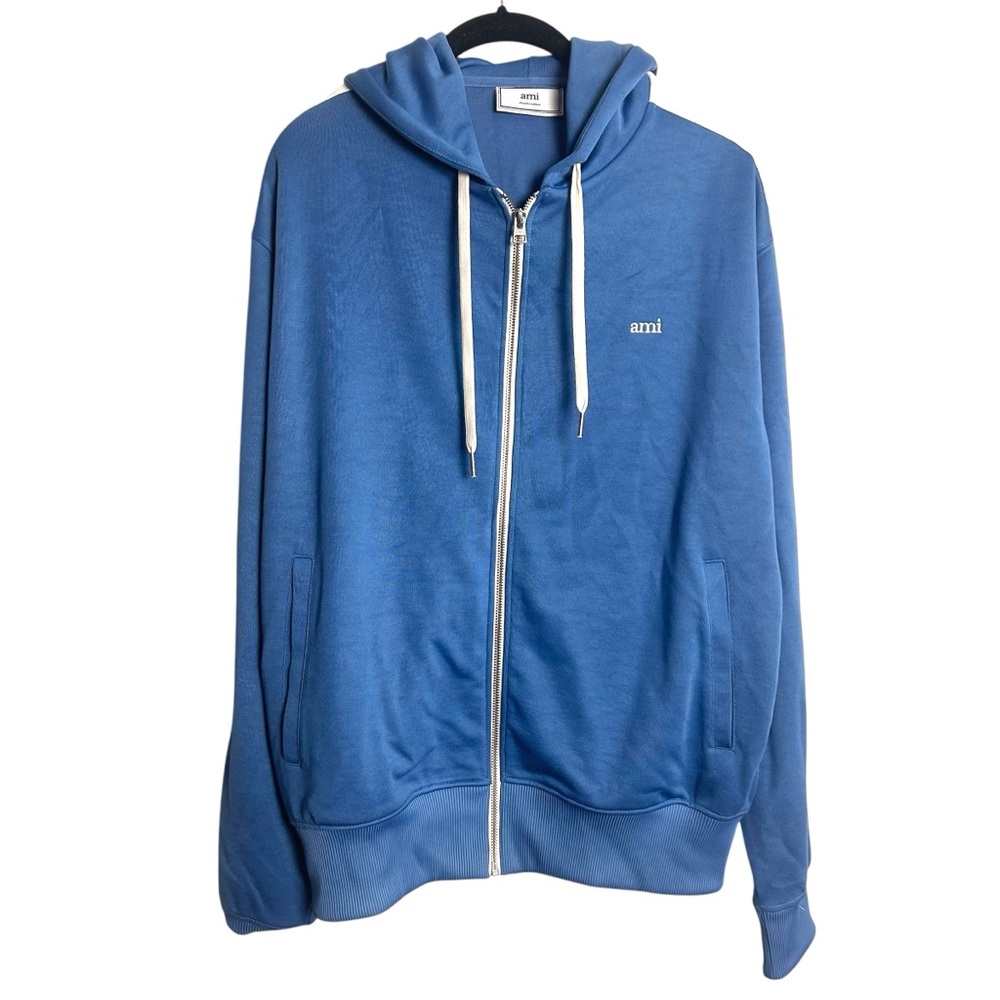 Ami Paris Ami De Coeur Zip up Hoodie Powder Blue White Stripe on sleeve NWOT